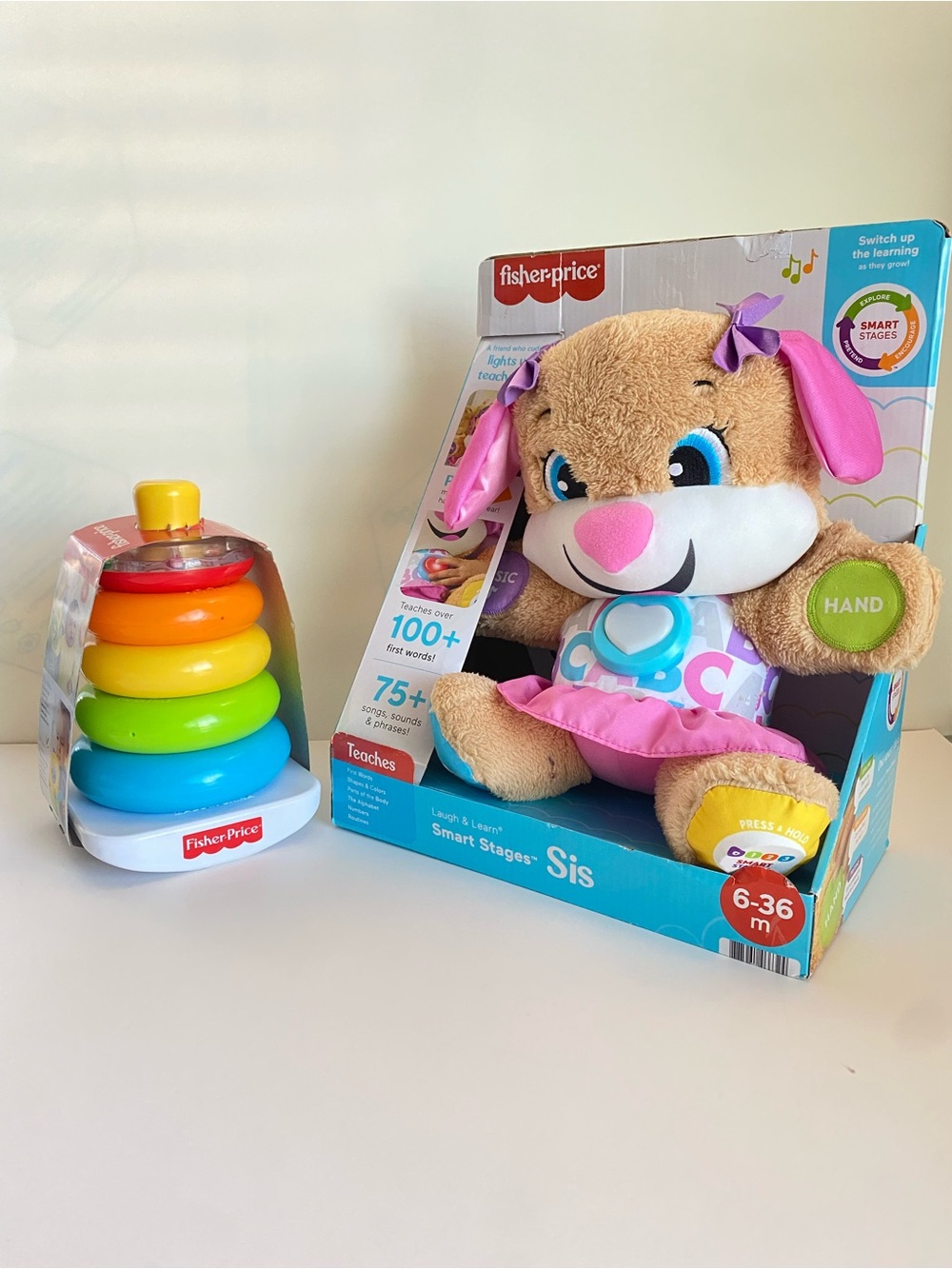 Fisher-Price Plush Puppy Sis Interactive Learning Toy – Pink, Brown, White, Blue